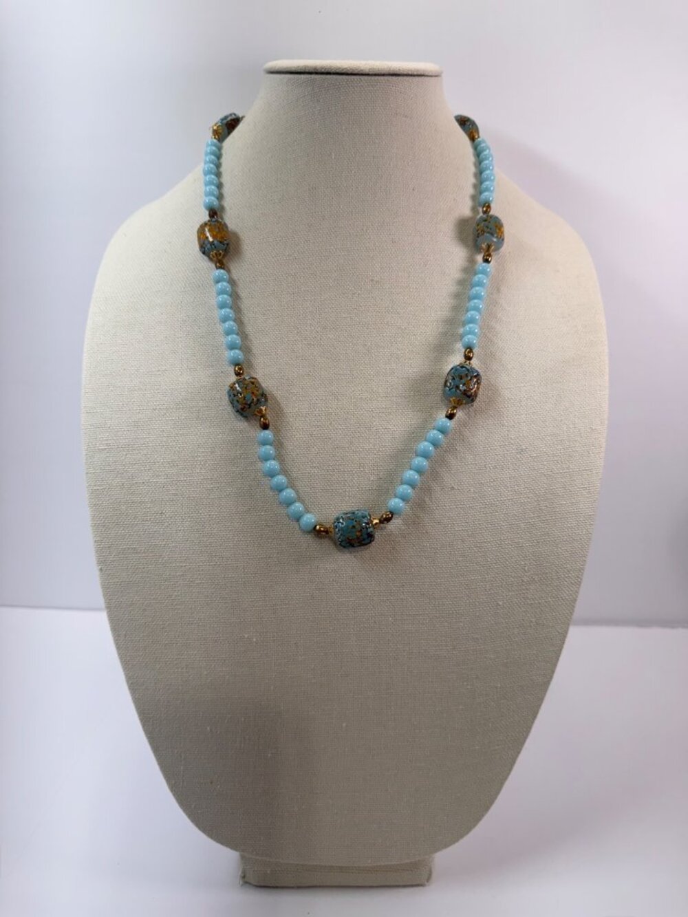 Blue Glass Lampwork Gold Foil Bead Necklace 24” Gold Tone Robins Egg Artisan